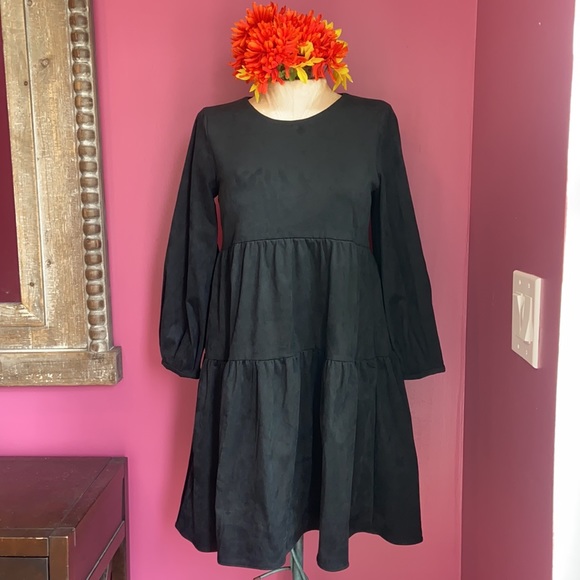 Zara Faux Suede Long Sleeve Ruffle Puff Sleeve Black Dress XS - Picture 3 of 9